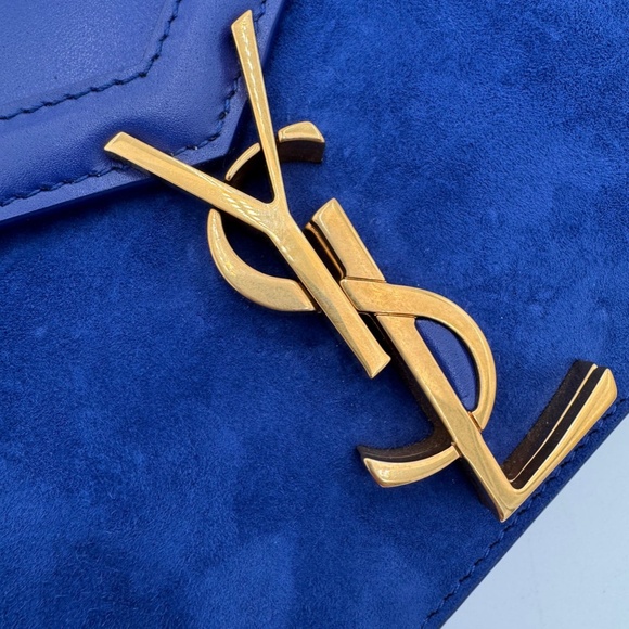 SAINT LAURENT Snooth Calfskin Suede Monogram Cassandra Clasp Bag Bleu Saphr - Picture 11 of 13